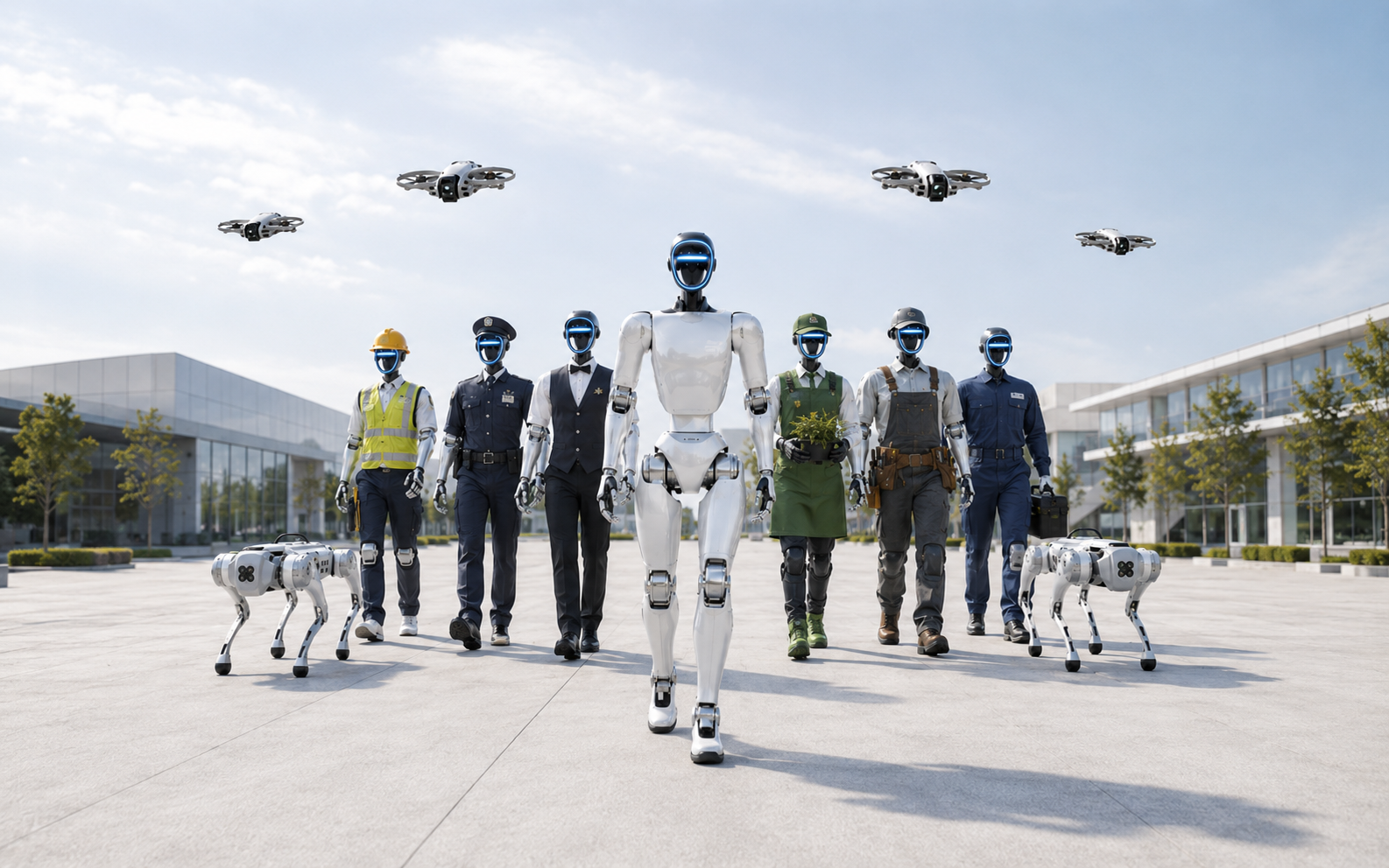 Die Everyhand-Flotte: Humanoide in Arbeitskleidung, Roboterhunde und Drohnen einsatzbereit vor hellem Himmel