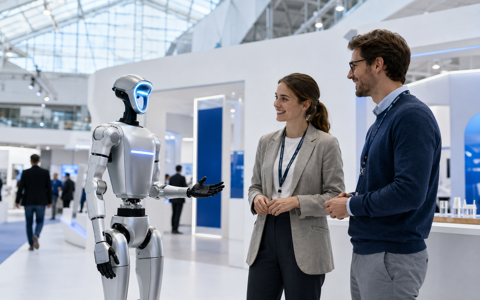 Humanoider Roboter empfängt Besucher an einem Messestand