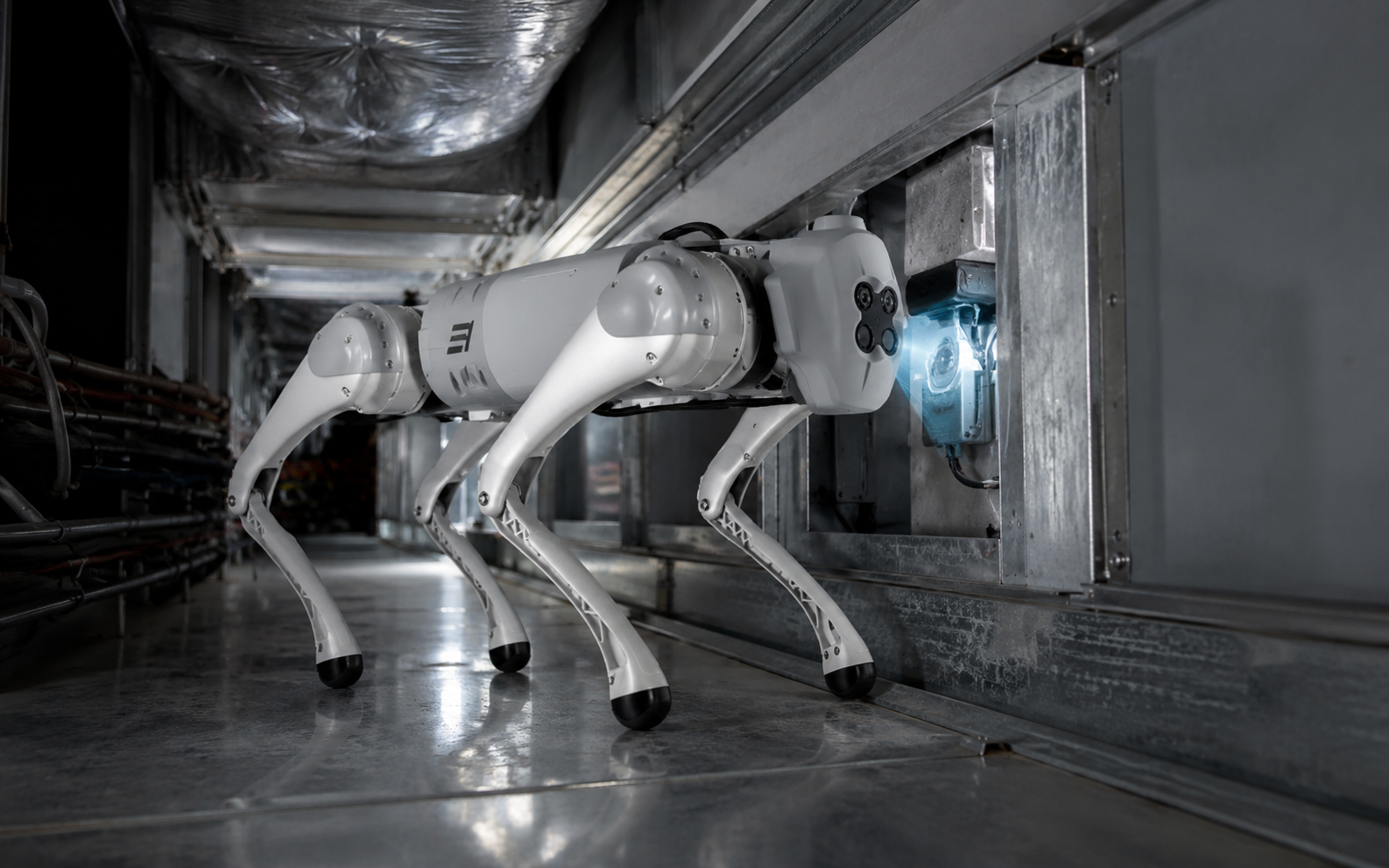 Quadruped Roboterhund liest Anzeigen an Geräten in einem engen Technik-Tunnel ab
