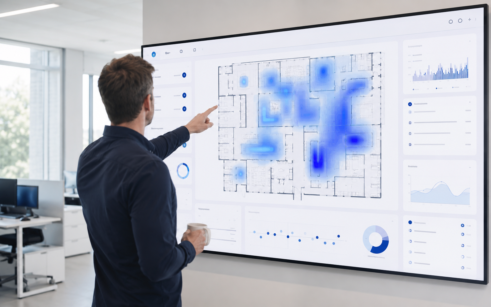 Helles Control-Room-Dashboard mit anonymen Besucherstrom-Heatmaps