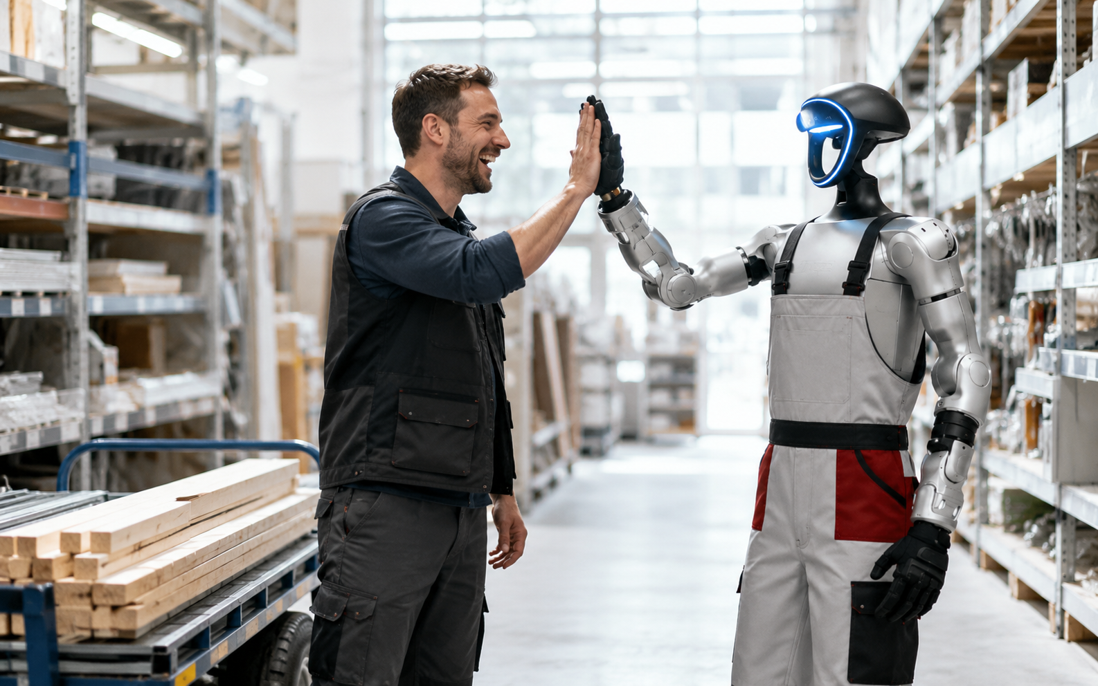 Mitarbeiterin im Baumarkt arbeitet entspannt neben einem Assistenz-Roboter